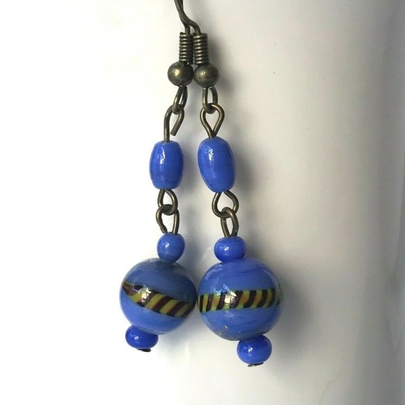Vintage Blue Murano Glass Bead Earrings Dangle Montana Gold Plated - Picture 2 of 10